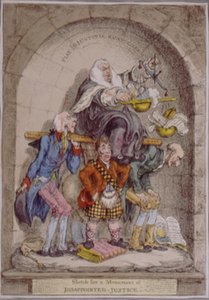 Skizze für ein Denkmal der enttäuschten Gerechtigkeit, veröffentlicht von Hannah Humphrey 1806 von James Gillray