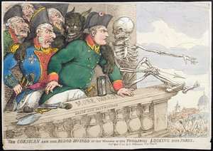 Der Korsikaner und seine Bluthunde am Fenster der Tuilerien, Blick über Paris, veröffentlicht von Hannah Humphrey 1815 (handkolorierte Radierung) von James Gillray