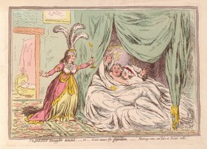 Der Jersey-Schmuggler entdeckt, oder guter Grund für die Trennung, Ehegelübde sind so falsch wie die Eide der Würfelspieler, veröffentlicht 1796 von James Gillray
