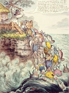Die besessenen Schweine oder die breitbodige Streu, die kopfüber ins Meer der Verdammnis rennt, 1807 von James Gillray