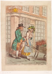 Frau mit einer Schubkarre mit Karotten vor dem Schaufenster des Buchhändlers Robert Faulder in London von James Gillray