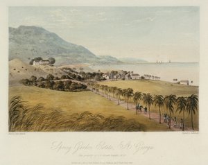 Das Anwesen Spring Garden in St. George (Karibik), im Besitz von I. R. Grosett Esquire. Farbige Radierung, 1. April. von James Hakewill
