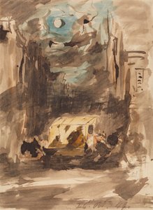 Eine Straße bei Nacht mit Figuren an einem Stand von James Holland
