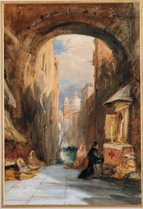 Venedig: ein Edicola unter einem Torbogen, mit Santa Maria della Salute in der Ferne, 1853 von James Holland