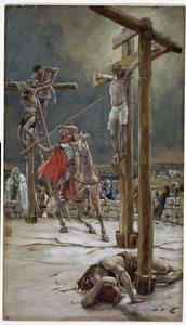 Einer der Soldaten durchbohrte seine Seite mit einem Speer, Illustration für Das Leben Christi