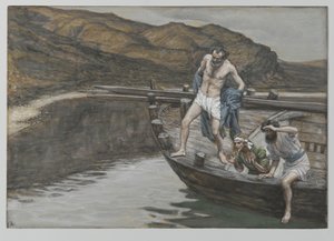 Heiliger Petrus, von heiligem Johannes auf die Anwesenheit des Herrn aufmerksam gemacht, stürzt sich ins Wasser, Illustration aus Das Leben unseres Herrn Jesus Christus, 1886-94
