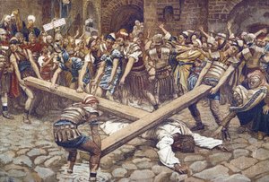 Simon von Kyrene gezwungen, das Kreuz zu tragen - aus „Das Leben unseres Herrn Jesus Christus“ - 1899 von James Tissot - Das Leben unseres Herrn Jesus Christus, von Jacques Joseph (Jacques-Joseph) Tissot genannt James Tissot (1836-1902)