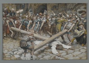 Simon von Kyrene gezwungen, das Kreuz mit Jesus zu tragen, Illustration aus Das Leben unseres Herrn Jesus Christus, 1886-94