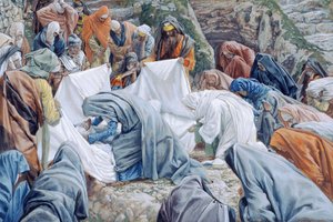 Die Heilige Jungfrau küsst das Gesicht Christi, bevor es in das Leichentuch gewickelt wird, Illustration für Das Leben Christi, ca. 1886-94