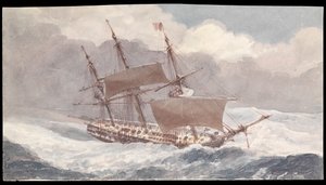 Die Barham vor dem südlichen Ende von Sardinien auf ihrer Fahrt nach England mit Vizeadmiral Sir Pulteney Malcolm, Mitte des 19. Jahrhunderts von James Kennett Willson