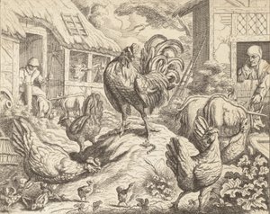 Der Hahn und der kostbare Stein, aus Äsops Fabeln, ca. 1760 von James Kirk