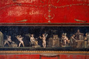 Fresko in Pompeji zeigt Goldschmiedeputten bei der Arbeit. Pompeji, Italien.