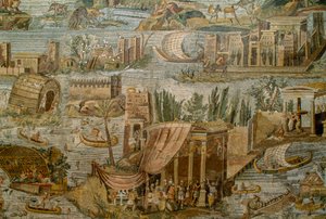 Römisches Mosaik, das eine fantasievolle Ansicht des Nils in der Flut zeigt. Museo Archeolog...