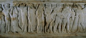 Steinsarkophag aus dem 6. Jahrhundert v. Chr. aus der Türkei zeigt eine trojanische Szene. Hier Achi... von James L Stanfield