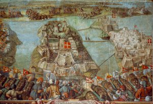 Dieses Fresko stellt die türkische Belagerung Maltas von 1565 dar. Kunstwerk