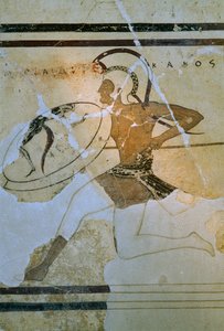 Wandfresko eines Hoplitodromos alias Hoplitodromia-Läufers. Akropolis-Museum. Athen, Griechenland.