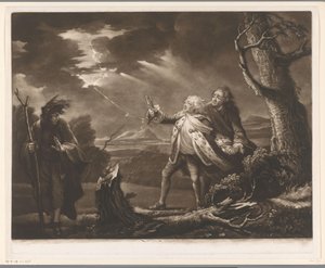 David Garrick als König Lear mit dem Grafen von Kent und Edgar als Tom verkleidet in einer stürmischen Landschaft von James McArdell