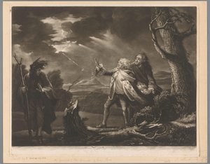 David Garrick als König Lear mit dem Grafen von Kent und Edgar als Tom verkleidet in einer stürmischen Landschaft von James McArdell