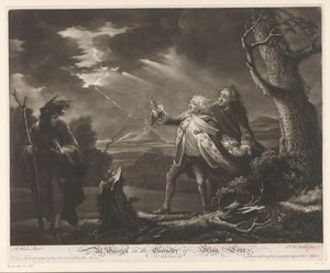 David Garrick als König Lear mit dem Grafen von Kent und Edgar verkleidet als Tom in einer stürmischen Landschaft von James McArdell
