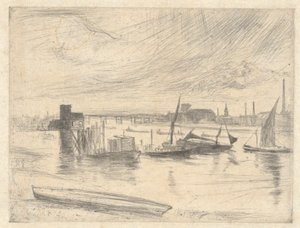 Battersea Morgendämmerung (Cadogan Pier), aus der Thames Set (Eine Serie von sechzehn Radierungen von Szenen an der Themse und anderen Motiven) von James Abbott McNeill Whistler