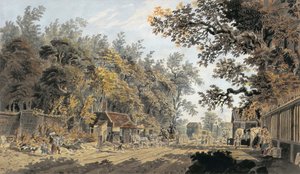 Kutsche und Viererzug an einem Mauttor, London