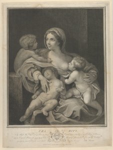 Wohltätigkeit, die ein Kind stillt, ein weiteres schläft auf ihrem Schoß und ein drittes spricht mit ihr, 1793 von James Parker