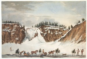 Winteransicht der Montmorenci-Fälle von der Straße auf dem Eis, aufgenommen am 12. April 1781, graviert von John Wells von James Peachey