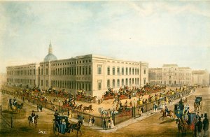 Nordostansicht des alten Generalpostamts mit den königlichen Postkutschen, die sich zur Abfahrt vorbereiten, ca. 1830