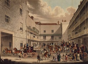Königliche Postkutschen bereiten sich auf die Abfahrt nach Westengland im Hof des 