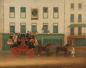 Die London-Manchester Postkutsche, „der Peveril of the Peak,“ vor dem Peacock Inn, Islington von James Pollard