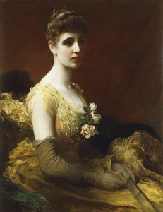 Porträt von Lady Dixon von Rheda, dreiviertel Länge, sitzend, gelbes Kleid mit Blumen, Fächer haltend von James Sant