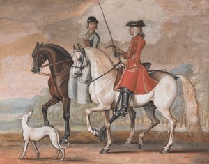 Ein Herr auf einem dressierten Pferd reitet mit einer Dame aus von James Seymour