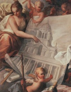 Decke der Painted Hall, Detail einer Zeichnung des Äußeren der Painted Hall