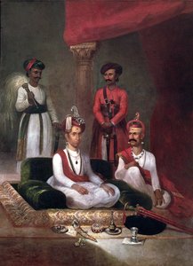 Madhu Rao Narayan, der Maratha Peshwa mit Nana Fadnavis und Begleitern, Poona, 1792