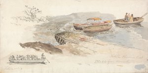 Ein überdachtes Boot und zwei Ruderboote an einem Steg; links ein Bleistiftstudie der Tintern Viehfährboot von James Ward