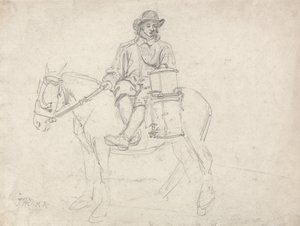 Ein Landarbeiter reitet im Damensattel und trägt eine Urne von James Ward