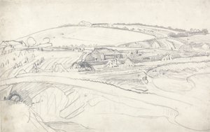 Landschaft mit Bauernhof und Getreidegarben