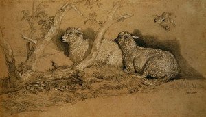 Schafe ruhen in einem bewaldeten Hain und eine Studie des Kopfes eines Schafes von James Ward