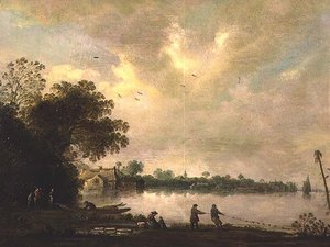 Eine Flusslandschaft mit Fischern, die ein Netz einholen
