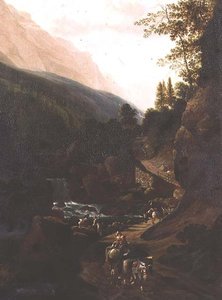 Maultiertreiber auf einem Bergpfad an einem Wildbach von Jan (circle of) Hackaert