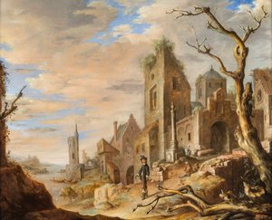 Flusslandschaft mit mittelalterlicher Stadt von Jan Adriansz van Staveren