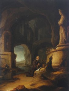 Ein Einsiedler im Gebet in einer Grotte mit klassischen Ruinen von Jan Adriansz van Staveren