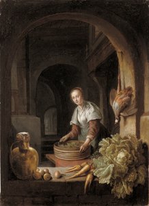 Eine Magd bereitet Gemüse in einer Küche zu von Jan Adriansz van Staveren