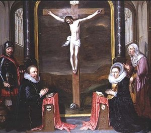 Eine Kreuzigung mit Porträts der Stifter Adriaen Meusyenbroeck und seiner Frau Anna Elant, begleitet von St. Adrian und St. Elisabeth von Jan Anthonisz. van Ravesteyn