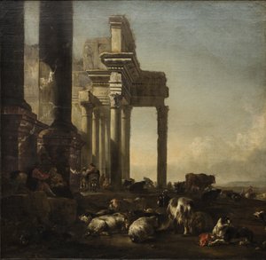 Italienische Landschaft mit Bauern, Vieh und Schafen bei klassischen Ruinen, um 1650er Jahre (Öl auf Leinwand) von Jan Baptist Weenix