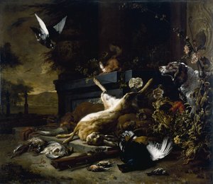 Stillleben mit Wild, darunter ein Hase, ein Auerhahn und ein Rebhuhn, ein Spaniel schaut zu, mit einer Taube im Flug von Jan Baptist Weenix
