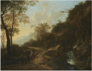 Italienische Landschaft mit Reisenden, die einen Bach überqueren