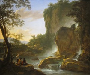Männer ruhen in einer bewaldeten Berglandschaft mit Wasserfällen