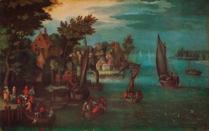 Eine belebte Flussszene mit niederländischen Schiffen und einer Fähre von Jan Bruegel The Elder
