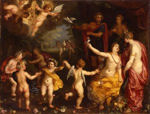Allegorie der Liebe: Venus hält ein Paar angebundene Tauben, mit Ceres, Apollo und Diana, umgeben von tanzenden Putti, in einer Landschaft